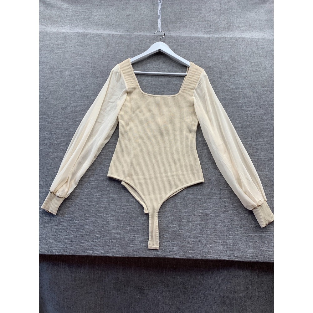 Dreamers By Debut Bodysuit Womens XL Beige Ribbed Knit Casual Square Neck Modern